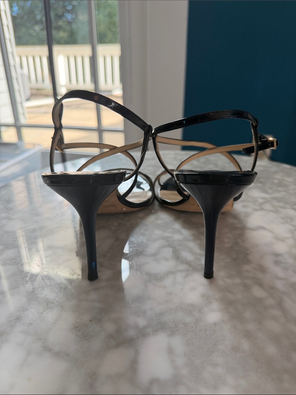 Jimmy Choo Dark Navy Patent Leather Sandals - like new on top, scuffed soles - Picture 3 of 12